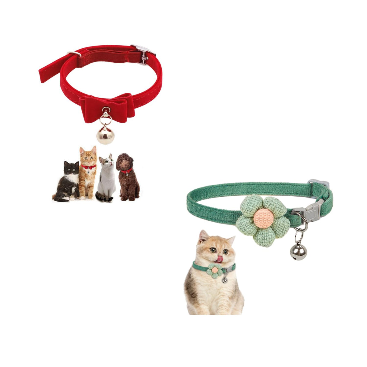 Qpets Cat Collar Combo with Bell and Breakaway Buckle featuring 33.5CM Velvet Red Design | Adjustable Gift Set for Small and Medium Cats