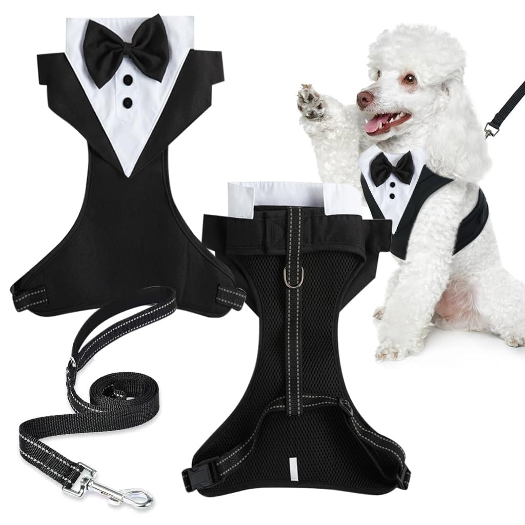 Dog Tuxedo Harness, Fashionable Dog Tuxedo Harness Set with Traction Rope and Chest Harness, Dog Vest Pet Suit Holiday Dress Puppy Kitten Wearing, S