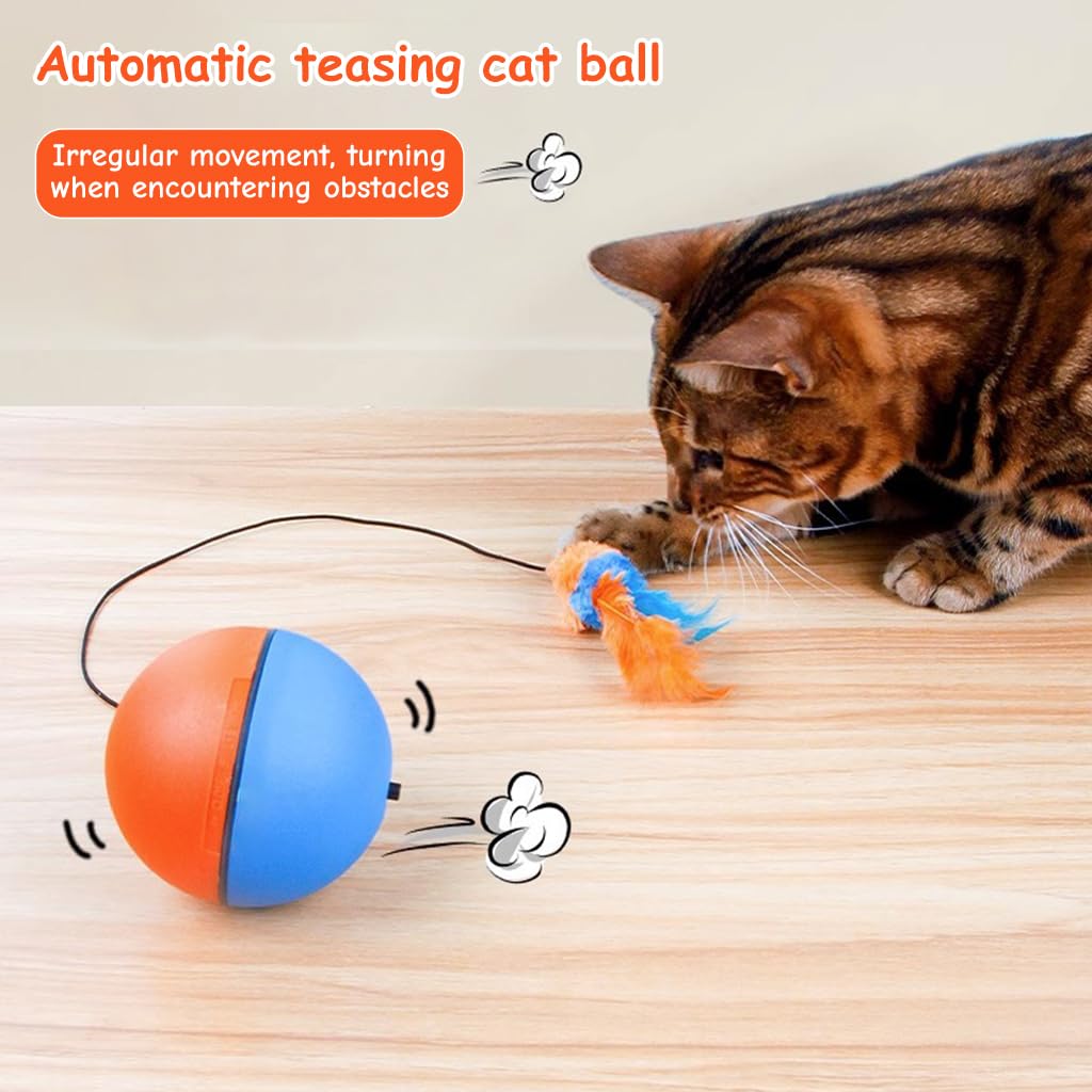 Cat Toy Electric, Cats Teasing Toy, Cat Ball Toy with Feather Tail, Chasing Game Toy, Random Turn Electric Toy, Indoor Self-Entertainment Cat Toy, Battery Powered(Battery not included)