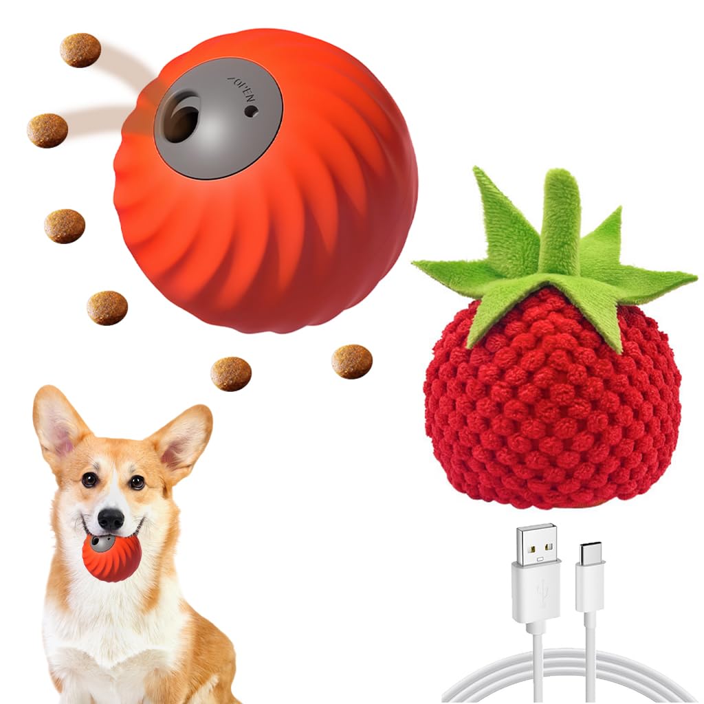 Qpets Dog Treat Ball for Interactive Play and Mental Stimulation with 500mAh Battery | TPU Dispenser featuring Crochet Strawberry Cover
