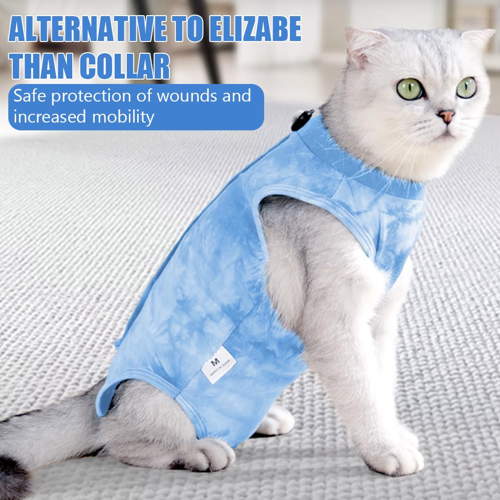 Qpets Cat Clothes for Post Surgery Recovery with Adjustable Closure and Soft Cotton Fabric | Blue Tie-dye Design M Size Back 30cm Bust 34-40cm