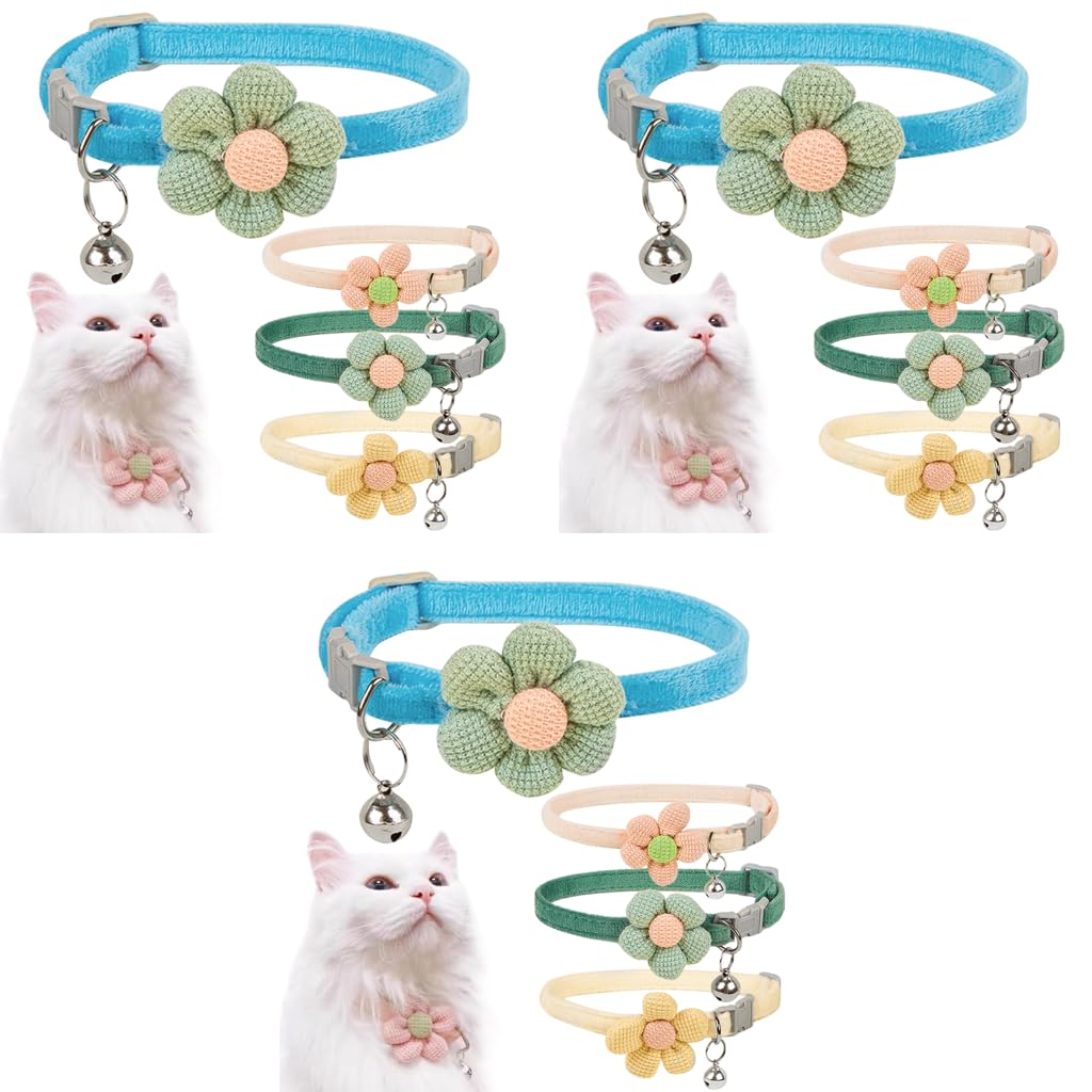 Qpets Cat Collar for Kittens and Cats featuring Adjustable 19–32cm Fit and Crochet Flower | 12PCS Set with Bell in Blue Pink Green Yellow