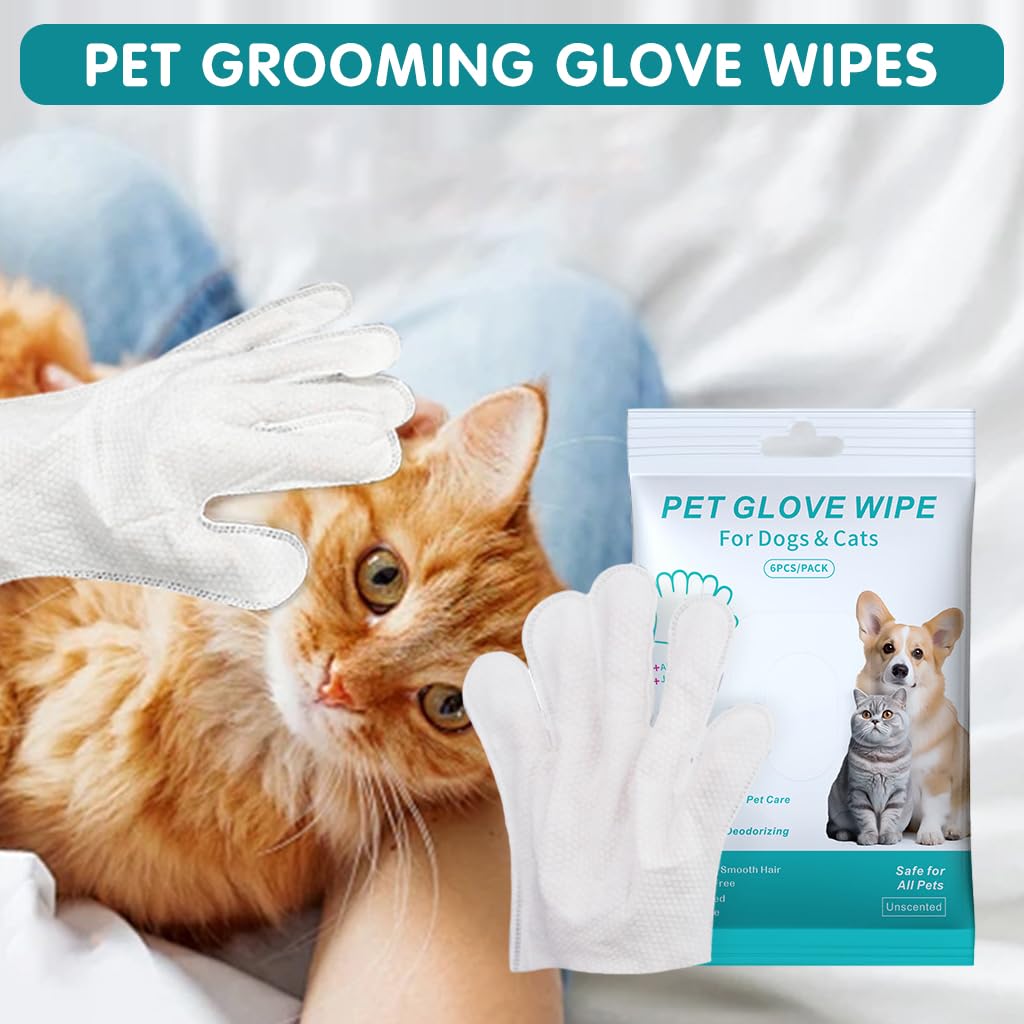Pet Wipes Gloves, 6Pcs Pet Cleaning Gloves Disposable Dry Cleaning Tool, Cats and Dogs Grooming Wipes Gloves Skin Friendly for Wipe Claws, Ear, Feet, Butt