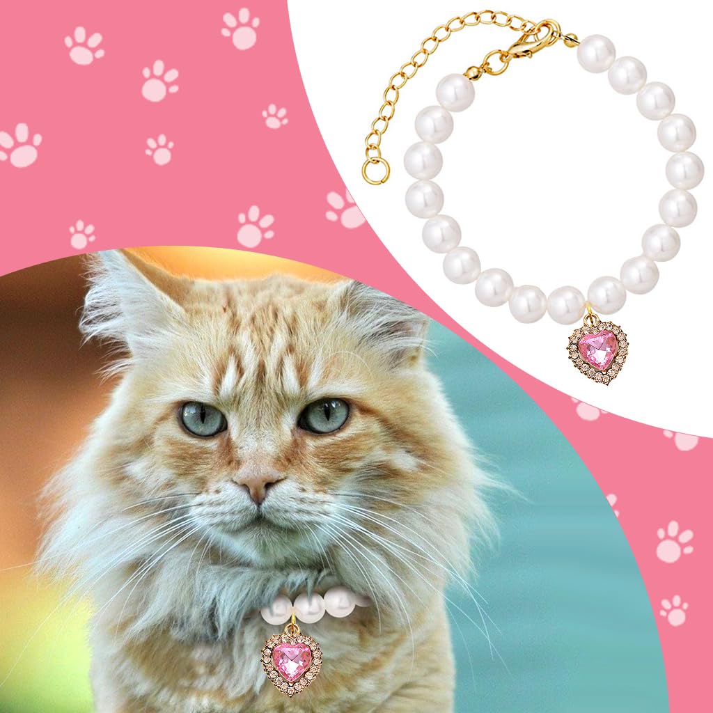 Qpets Jewelry Cat Collar for Pets featuring Pink Rhinestone Heart Charm and Pearls 30–35 cm