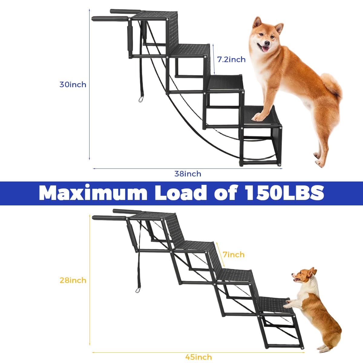 Qpets Foldable Dog Stairs for Car Trunk with Stainless Steel Frame and Non Slip Oxford Fabric