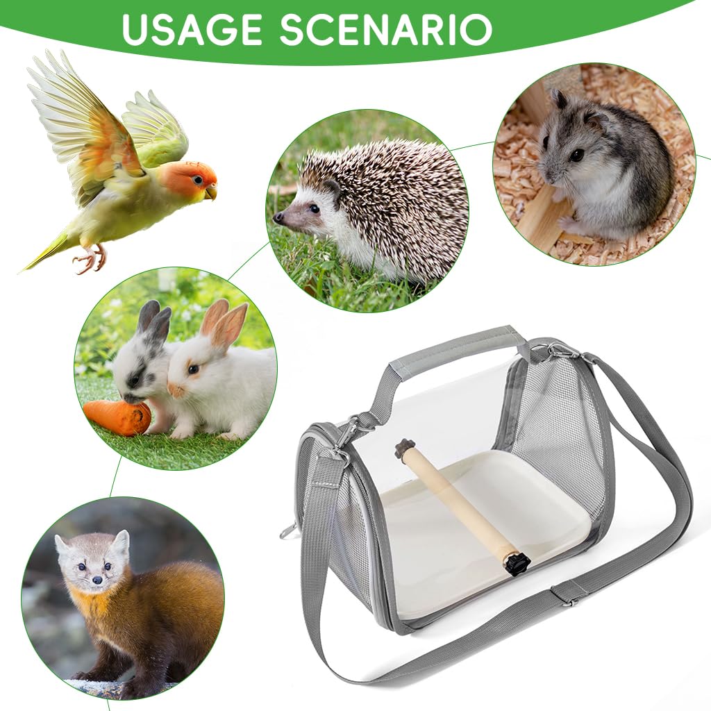 Qpets Parrot Carrier Bag for Travel with Ventilated Mesh and Transparent Window | PC and Nylon Pet Transport with Tray and Perch Stick