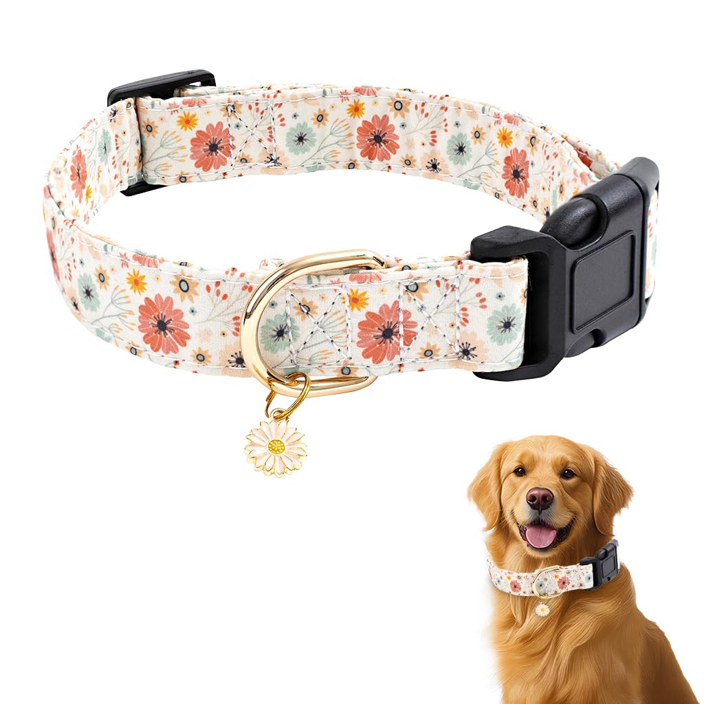 Qpets Floral Dog Collar for Small to Medium Dogs featuring Daisy Pendant and Metal D-Ring | Adjustable 36–60cm Soft Fabric Design