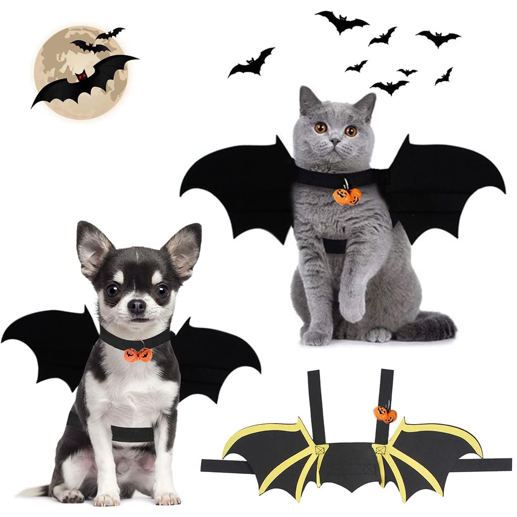 Qpets Bat Wing Costume for Cat and Dog featuring 50cm Wings with Hoop and Loop Closure | Black Felt Halloween Pet Outfit