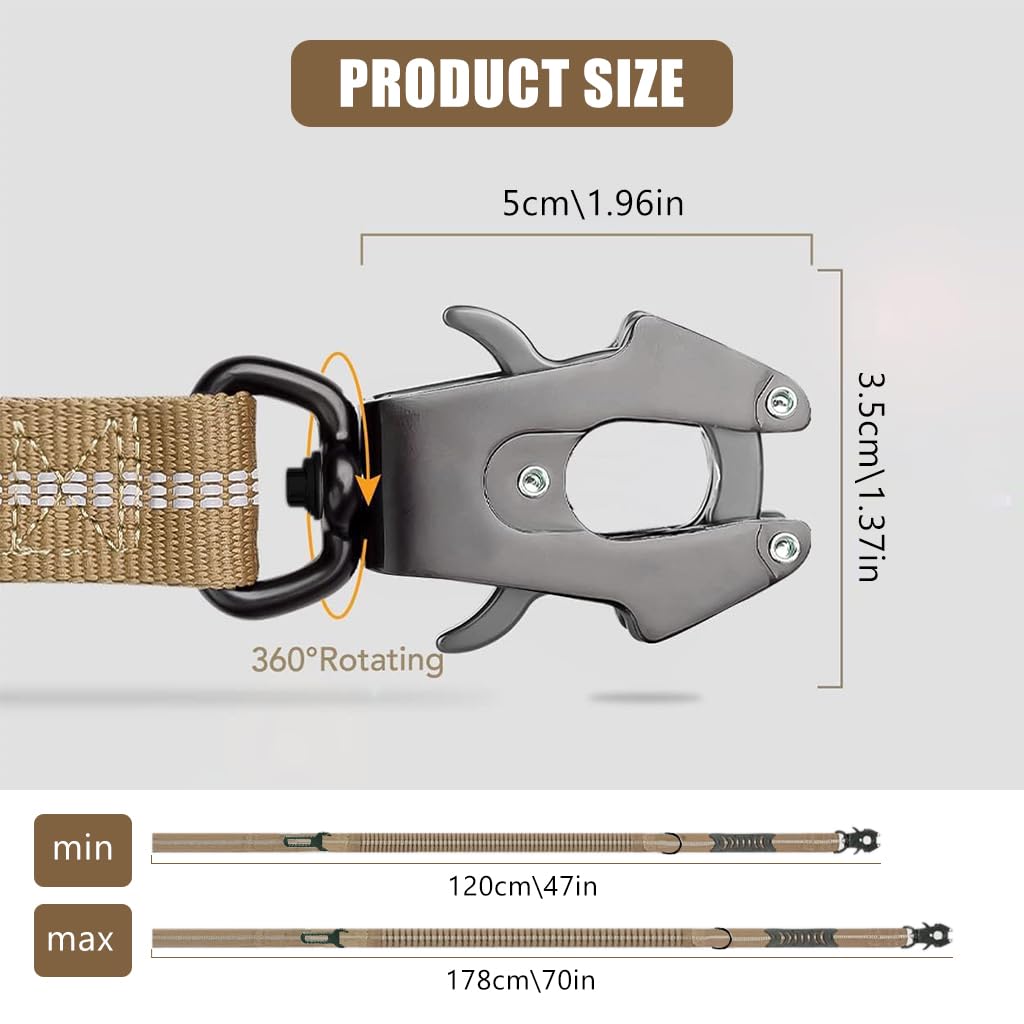 Qpets® Bungee Dog Leash with Dual Handles 47-70 Inches Stretchy Tactical Bungee Dog Leash with Secure 360 ° Swivel Locking Clasp & Seat Belt InsertDog Leash Bungee for Walking, Driving with Dog