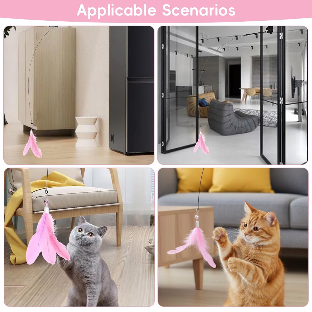 Qpets Cat Toys for Indoor Play with Suction Cup Base and Fiberglass Teaser Wand | Pink Feather Attachment