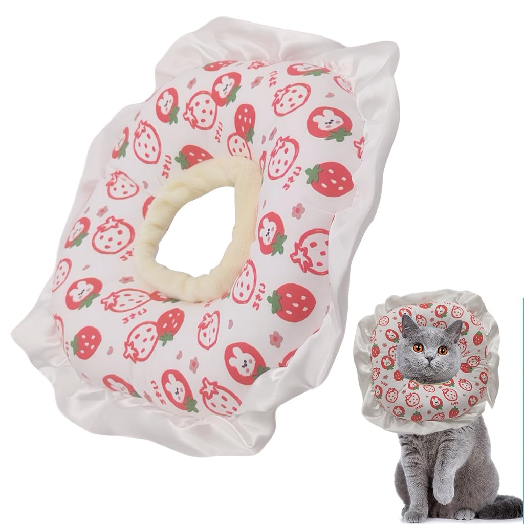 Qpets Cat Recovery Collar for Post Surgery Comfort with Adjustable Cotton Drawstring featuring Sweet Strawberry Design | Fits 12–25 cm Necks