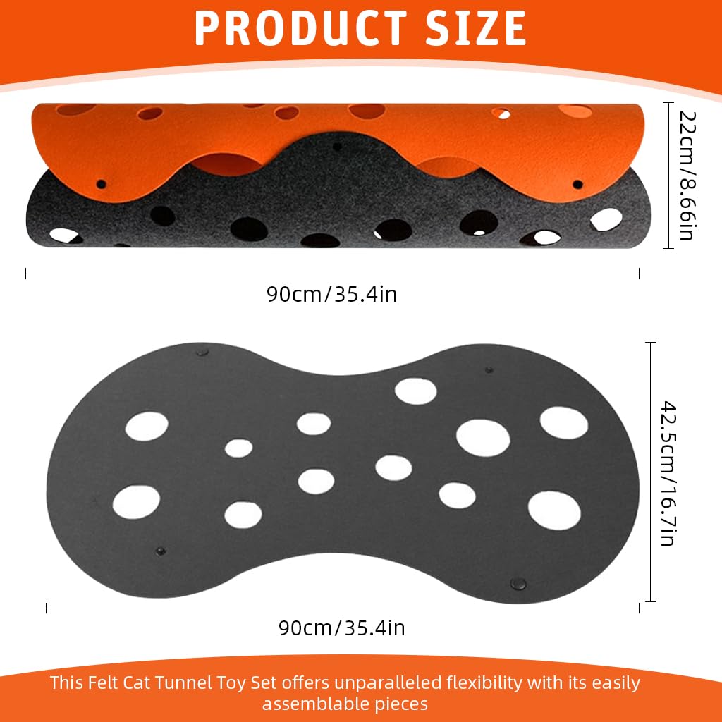 Qpets Felt Cat Tunnel Set for Play and Hide 90x22 cm with Porous Dual Color Design | Kittens and Large Cats