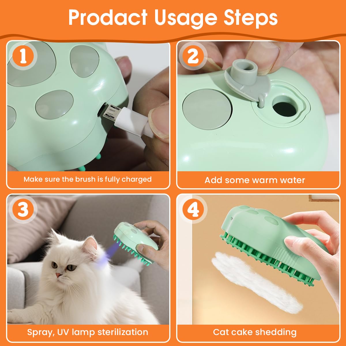 Qpets Pet Grooming Brush for Dogs and Cats with Steam and UV Light | USB Rechargeable Massage Comb