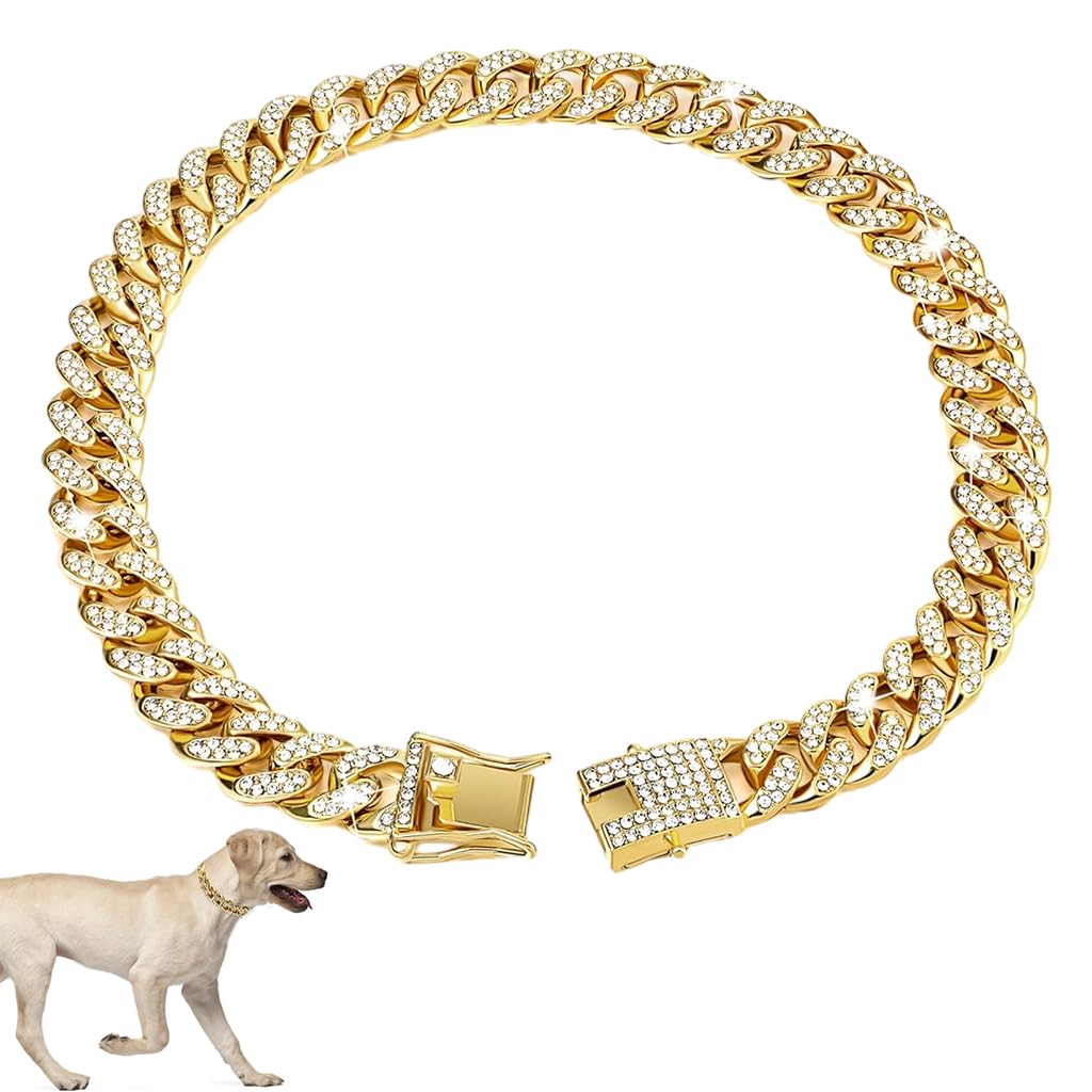 Qpets Dog Collar Chain for Large Dogs with Secure Clasp and Rhinestone Metal Links 60cm