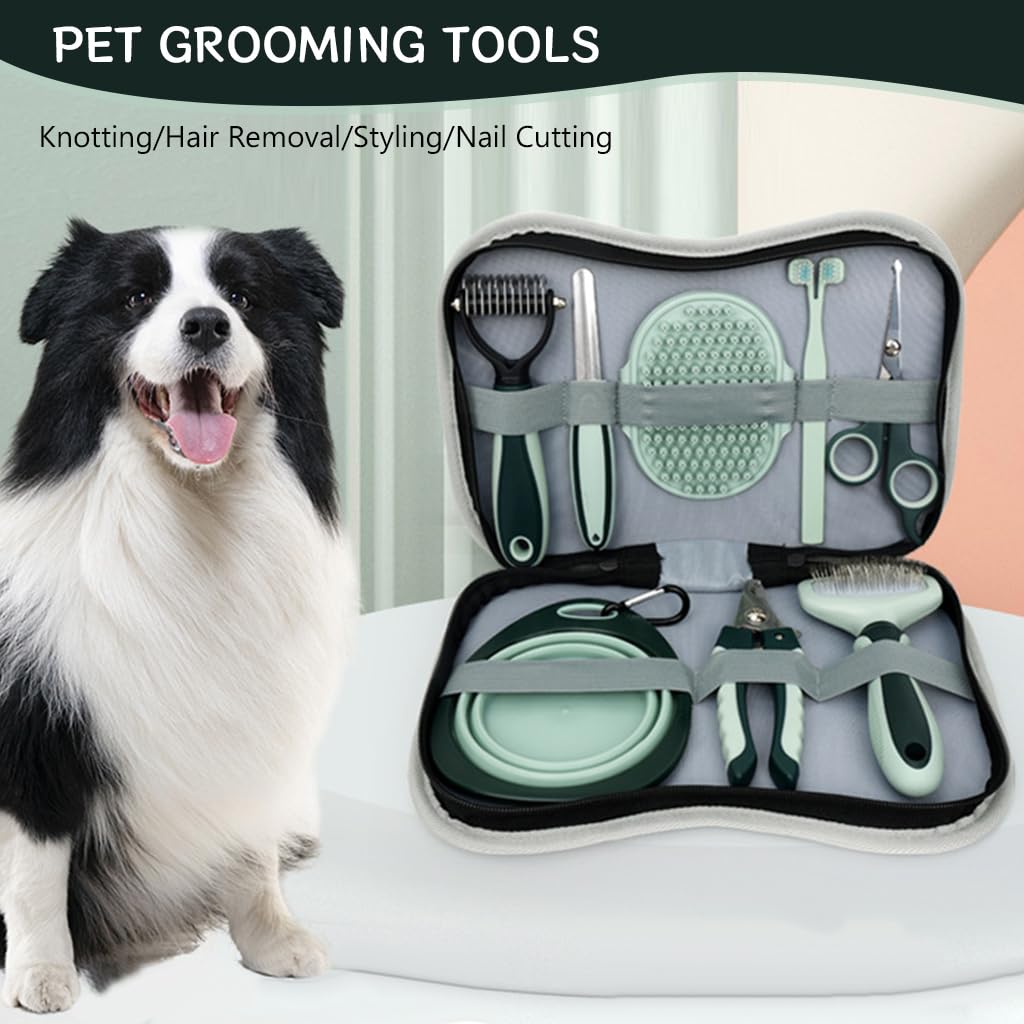 Qpets® 8 in 1 Pet Grooming Kit with Hand Bag Cats Dogs Hair Grooming Tools with Dematting Tool, Nail Clipper & File, Pet Slicker Brush, Bathing Brush, Pet Double Side Teeth Brush, Folding Food Bowl