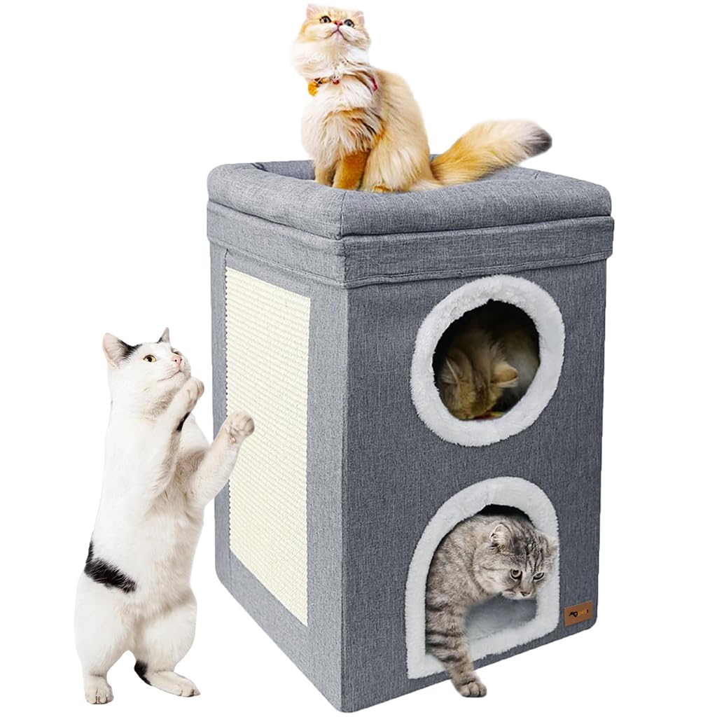 Qpets Cat House for Indoor Cats with 3-Layer Vertical Design and Scratch Board | 39x39x64 cm Cozy Cotton Bed