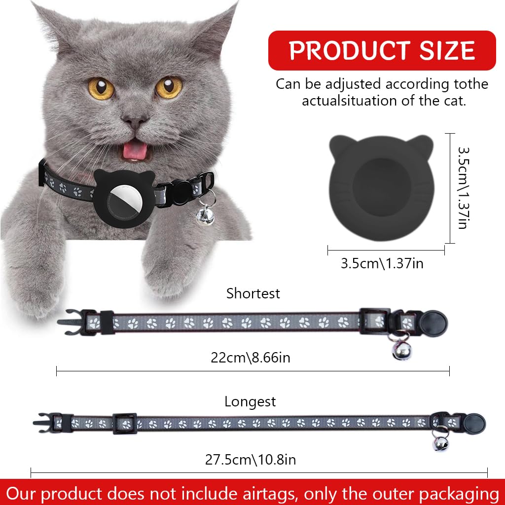 Qpets® Black Cat Collar, Cat Collar with Silicone Airtag Holder Cute Cat Collar with Bell Quick ReleaseAdjustable Cat Collar