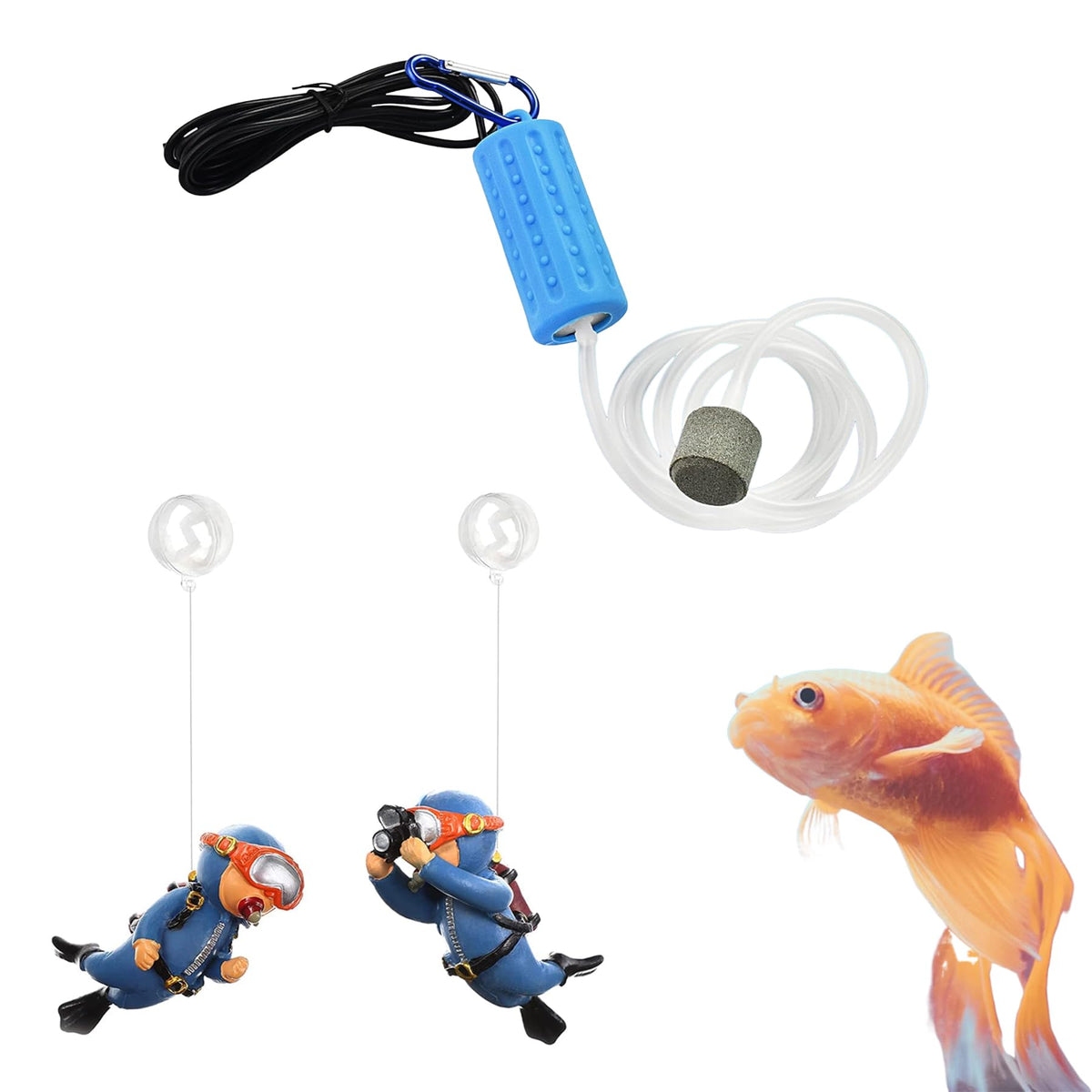 Qpets Aquarium Air Pump for Aeration with USB Power and <40 dB Quiet Output | Includes Air Stone and 2 Floating Diver Ornaments