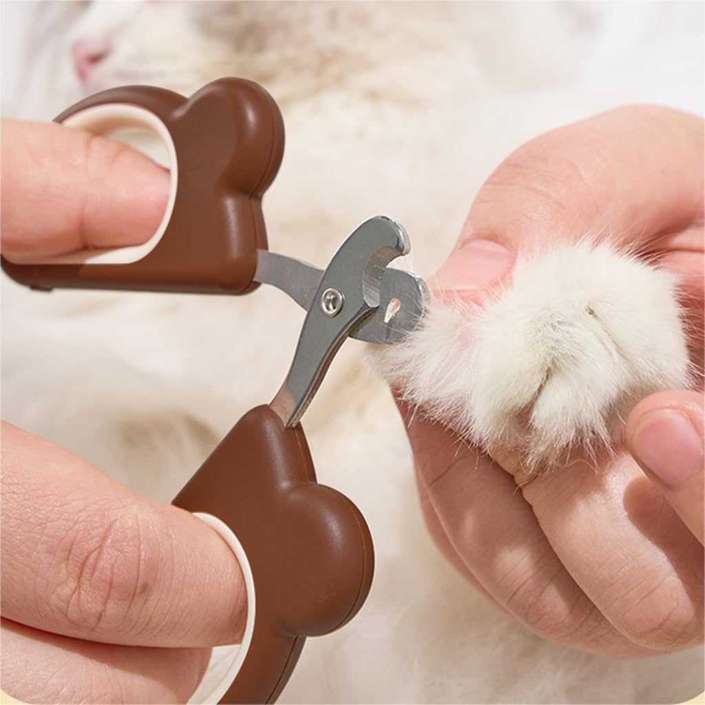 Qpets® Cat Nail Cutter for Persian Cats - Cute Bear Handle Design, Stainless Steel Trimmer with Crescent Blade & 2mm Hole, Brown Portable Nail Clipper for Small Pets Grooming (2Pcs)