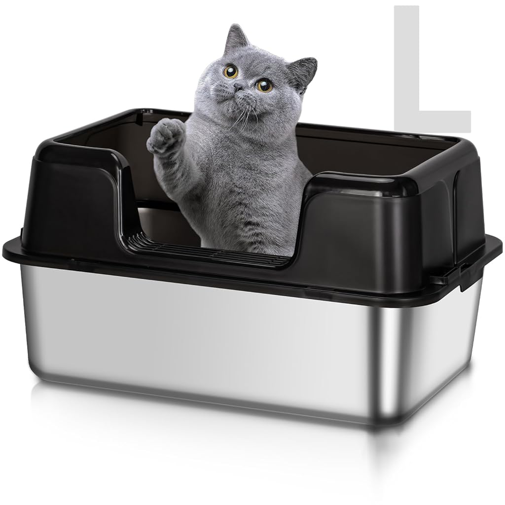 Qpets® Stainless Steel Cat Litter Box, Open Large Cat Litter Box with Cat Litter Scoop & High Side Fence, Anti-Splash Cat Toilet Deepened PP Guard Design Litter Box for Cats Large Size - 50x23x35CM