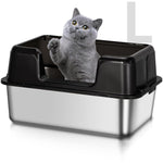 Qpets® Stainless Steel Cat Litter Box, Open Large Cat Litter Box with Cat Litter Scoop & High Side Fence, Anti-Splash Cat Toilet Deepened PP Guard Design Litter Box for Cats Large Size - 50x23x35CM