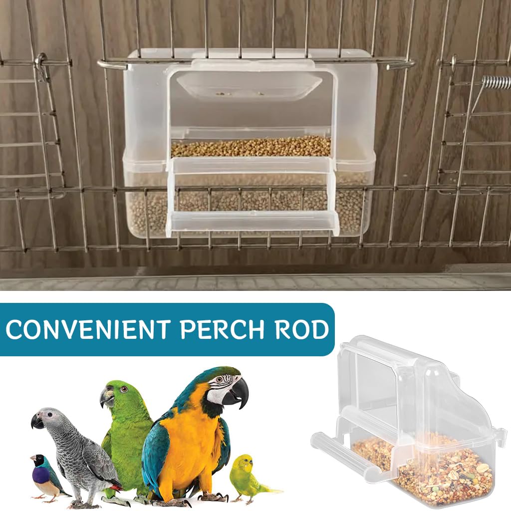 Qpets Bird Food Dispenser for Cages with Perch Rod and Transparent Design 11.5×5.2×9.2 cm | Food‑Grade Plastic for Small & Medium Birds