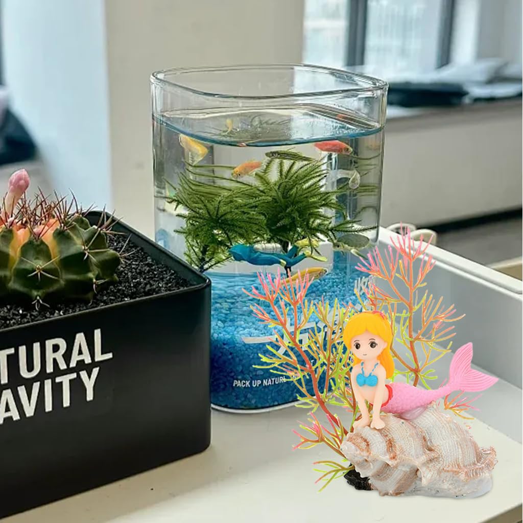 Qpets Little Mermaid Aquarium Decor for Freshwater and Saltwater Tanks featuring Resin Coral and Conch Ornament Set