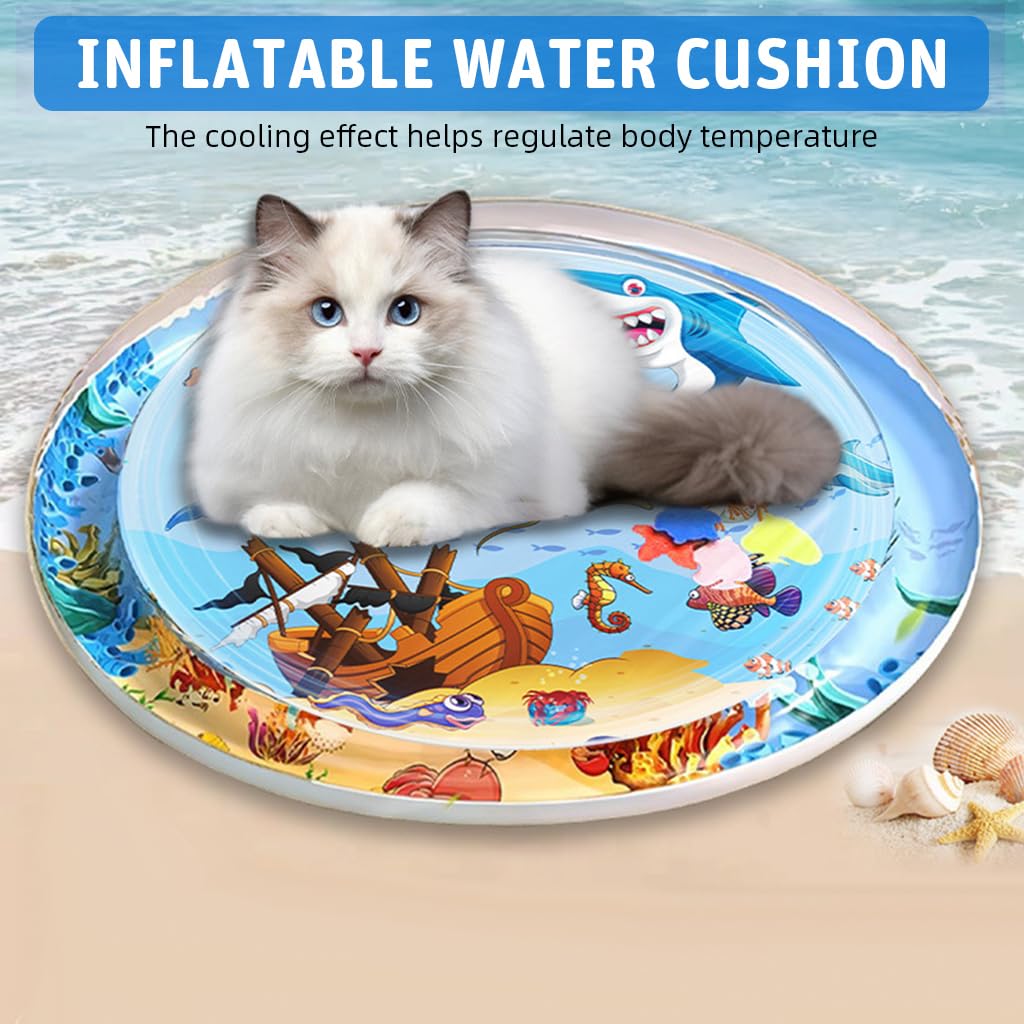 Qpets Cat Water Bed Mat for Summer Cooling with Air Pump and Built-in Fish Toys | 39.37 in Anti-Scratch Thick PVC for Indoor Cats