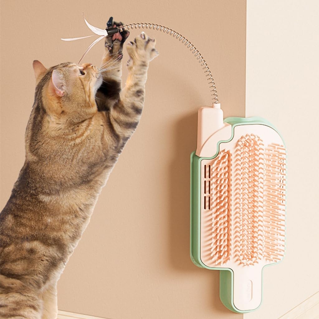 Qpets Cat Brush for Grooming and Play with Feather Wand | Wall Mounted Self Groomer Set