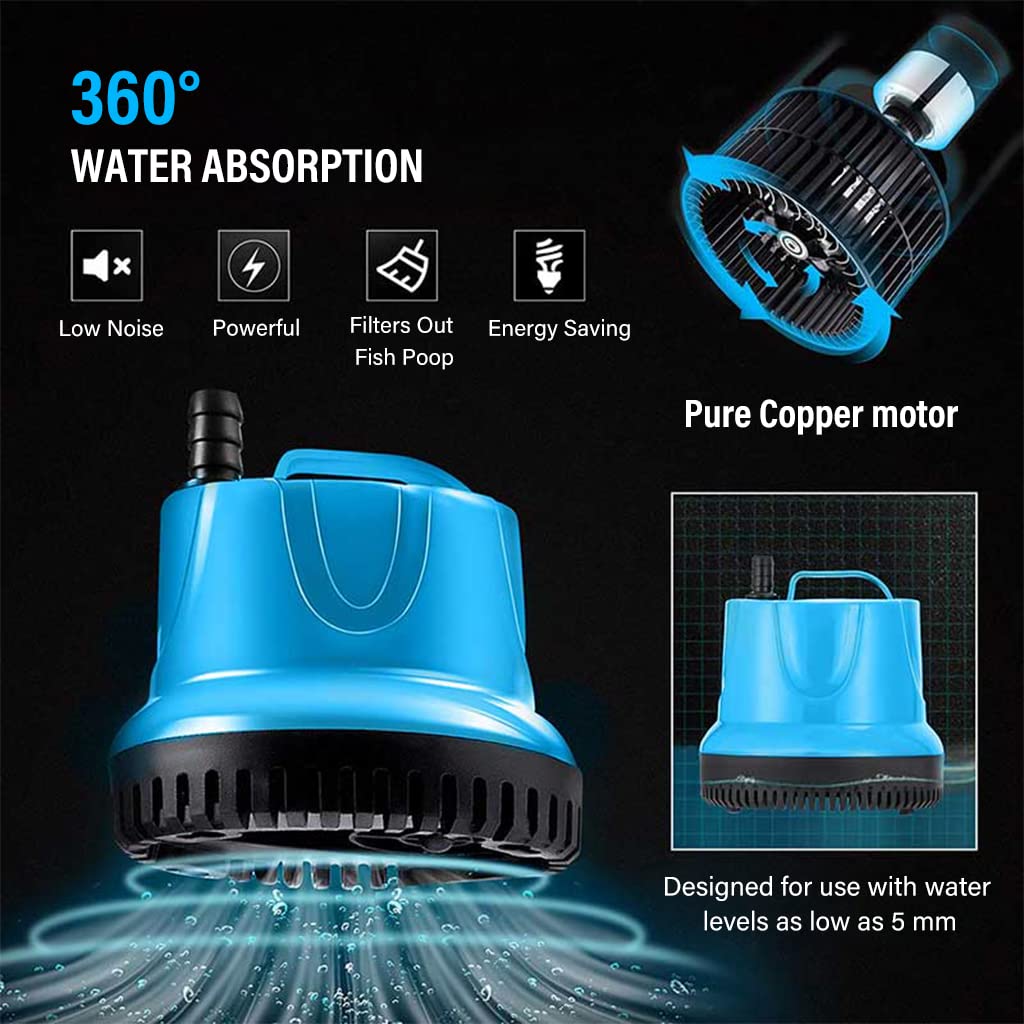 1200L/H Submersible Water Fountain Pump, Mini Aquarium Air Pump for Pond, 25W Power Large Water Pump for Fountain, Water Circulation Pumps with Suction Cup Bottom for Fish Garden