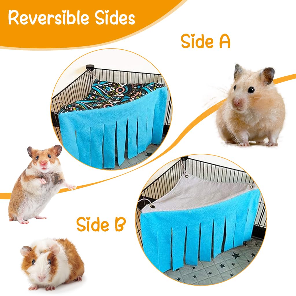 Qpets Hamsters Hammock Corner for Small Pets with 11.8 in Tassel Curtains | Easy Install Blue Hideout 30x30x42 cm