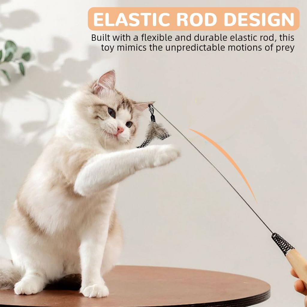 Qpets Cat Teaser Wand for Interactive Play with 0.8mm Fiberglass Rod and Beechwood Handle | Natural Feather Bell Toy