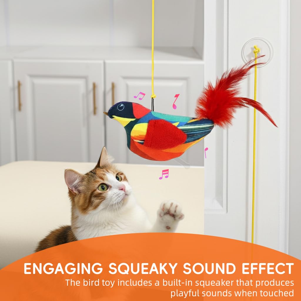 Qpets Door Hanging Cat Toy for Indoor Cats with 190cm Elastic Rope & Feather Tail | Interactive Squeaky Bird Teaser