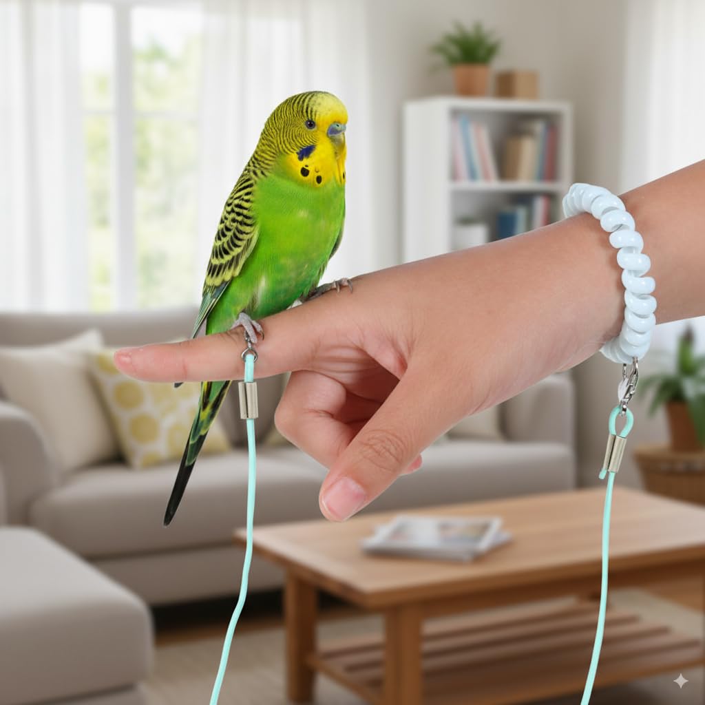 Qpets Parrot Leash for Bird Flying Training with 6.6ft Stretchy Rope and 5 Leg Loops