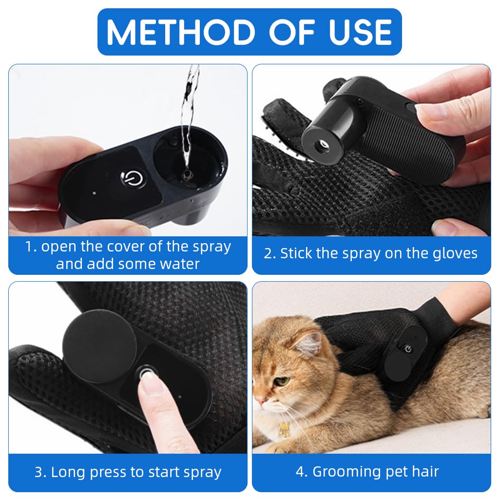 Qpets Pet Grooming Glove for Cats and Dogs with 15ml USB Rechargeable Mist Sprayer | Soft Silicone Bristles for Bathing and Shedding Control