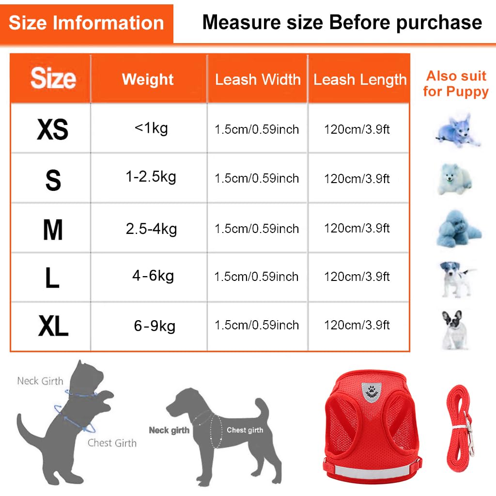 Cat Vest Harness with 1.2m Dog Leash Adjustable Size Dog Vest Harness Breathable Mesh Fabric with Safety Reflective Strip Dog Harness for Cat(S, red)