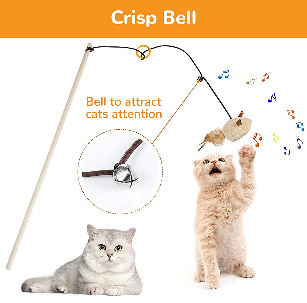 Qpets Interactive Cat Toys Set of 5 with Teaser Wand and Natural Feather Mouse for Indoor Cats