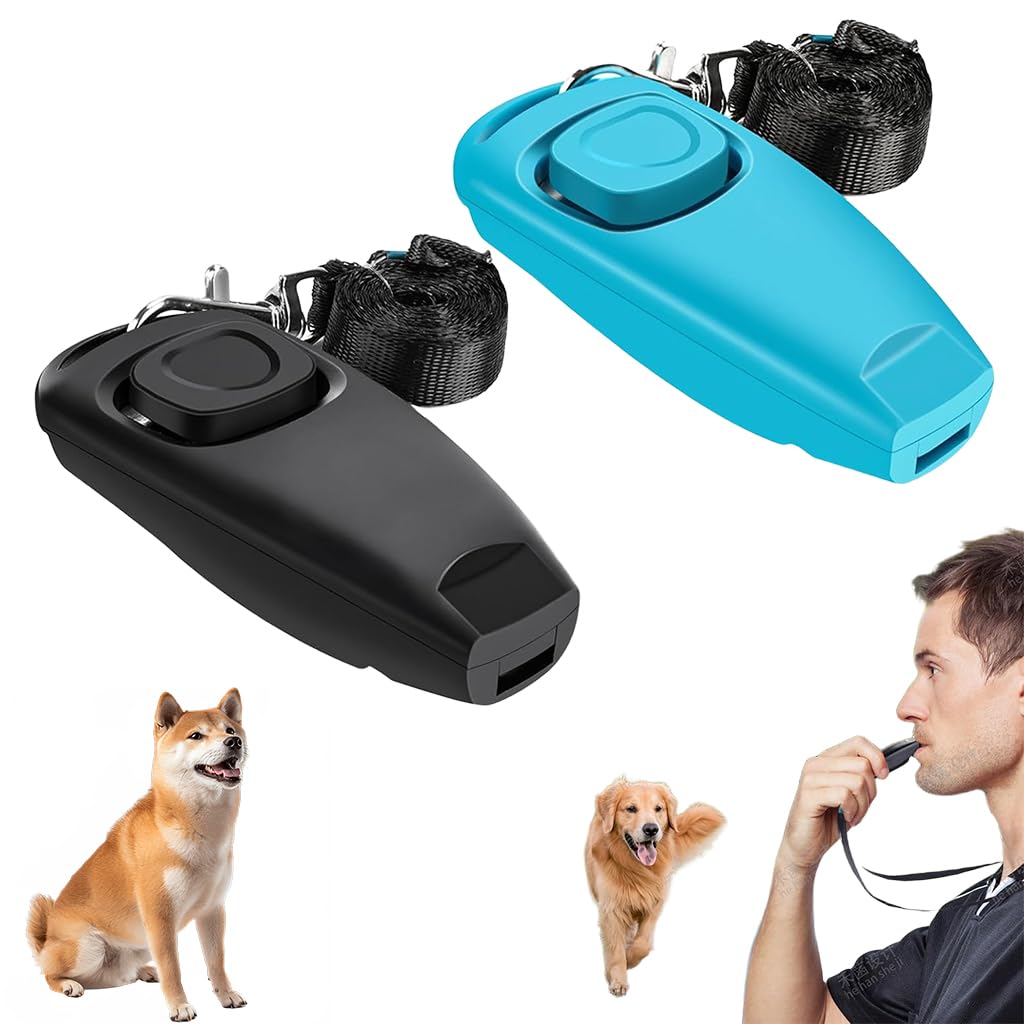 Qpets Dog Clicker for Training with High Frequency Whistle and Heart Button | 2 Pack Blue Black