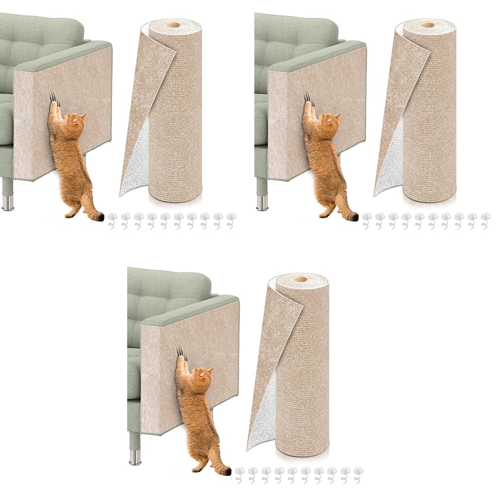 Qpets Cat Scratch Pad for Wall or Furniture Protection featuring Cuttable Adhesive Mat 40x100cm 3pcs