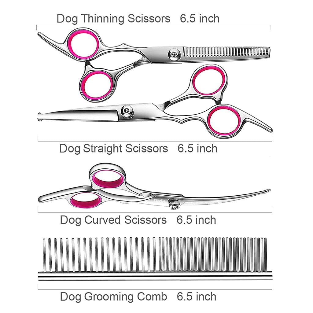 Qpets Dog Grooming Shears Set with Adjustable Screw and Ergonomic Handle | 6.5 in Stainless Steel 4 pcs