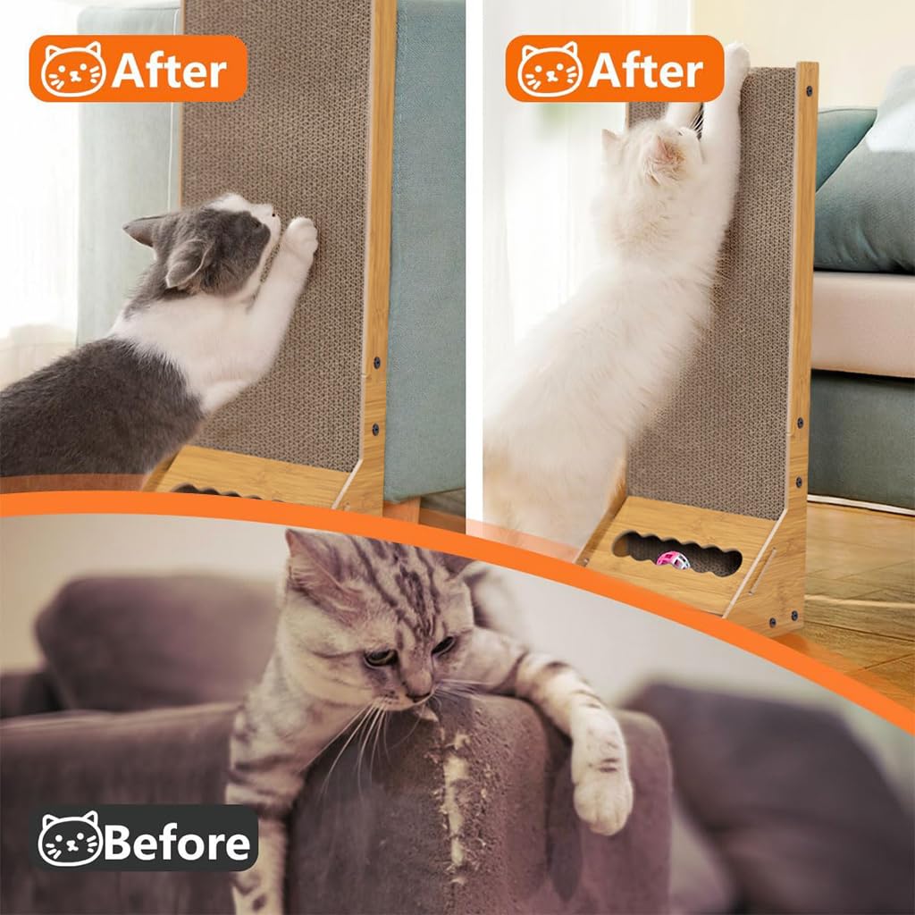 Cat Scratcher with Bell Toy 26.8 Inch Stand-up Cat Scratcher Premium Cardboard Scratcher for Cat Cardboard Scratcher Cat Toy
