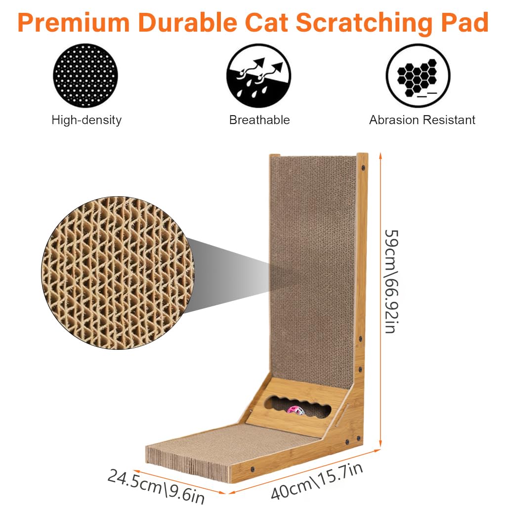 Qpets Cat Scratcher for Furniture Protection featuring 26.8 in L Shape Board with Toy Ball | Cardboard Claw Care Toy