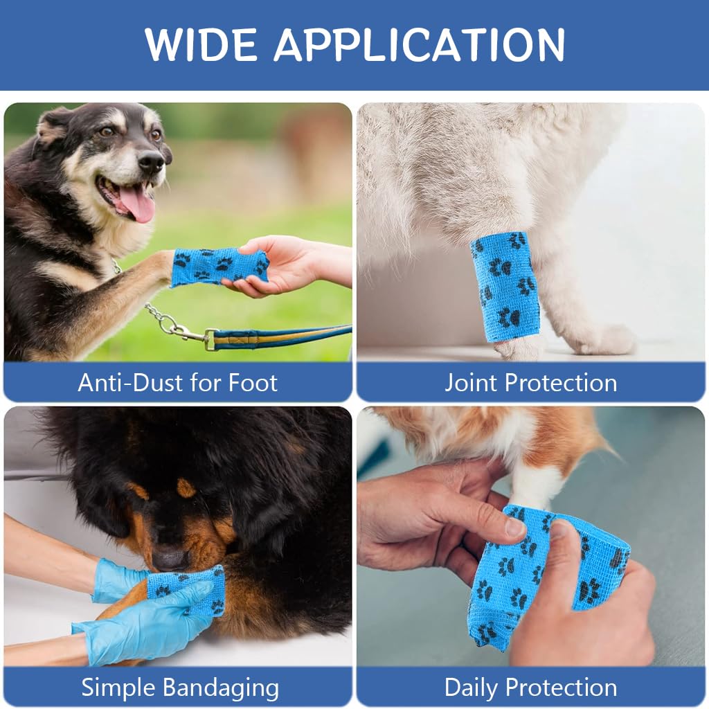 Qpets Dog Bandages for Injury Recovery with Self Adhesive Waterproof Wrap 6pcs 4.5m | Breathable Non Woven Paw Print Design