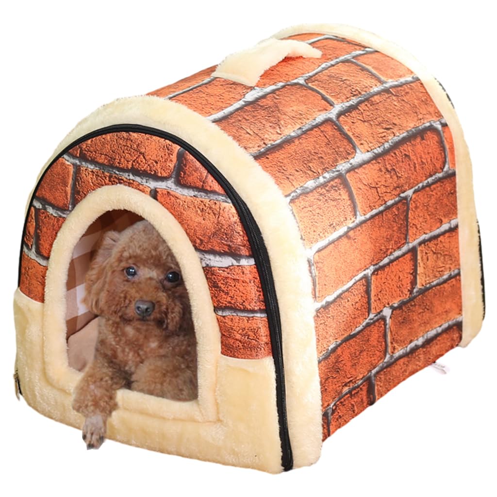 Qpets Cat House for Winter and All Seasons with Detachable Roof and Doors 45x38x36cm | Cozy Plush Shelter for Small Pets