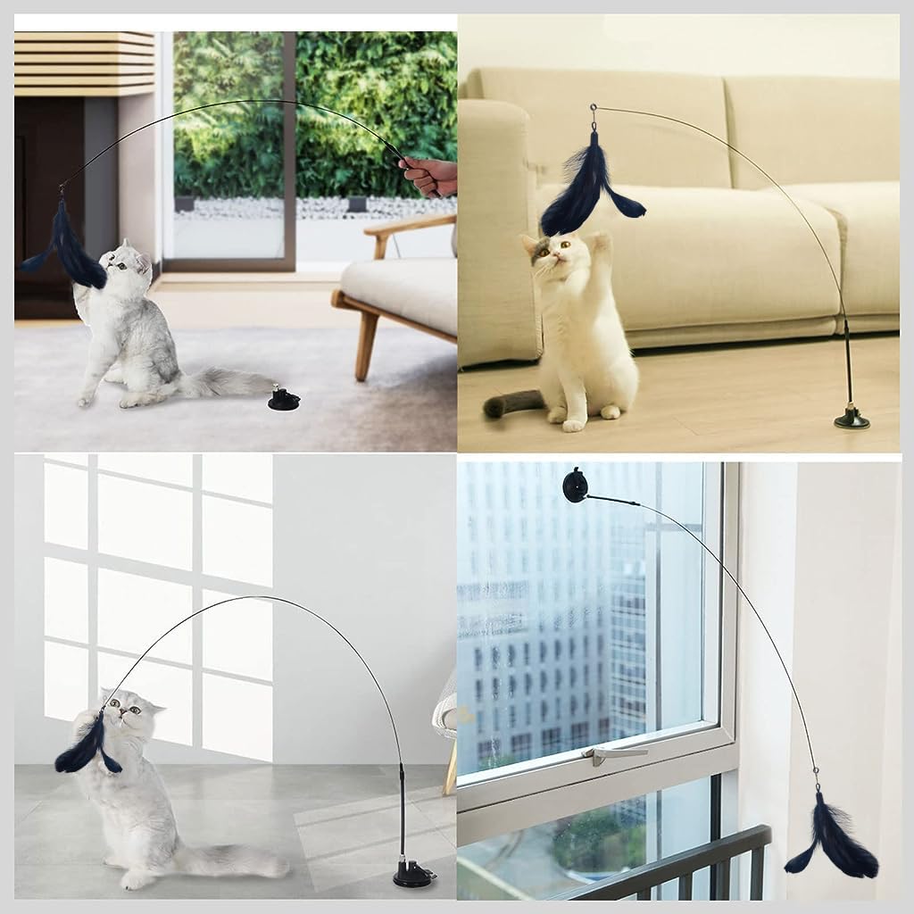 Cat Toys, Cat Teaser Toy with Bell, Fixable Cat Interactive Toys with Suction Cup, Elastic Toys for Kittens, Persian Cat Toys and Feather Toys, Funny Cat Playing Toys for Indoor