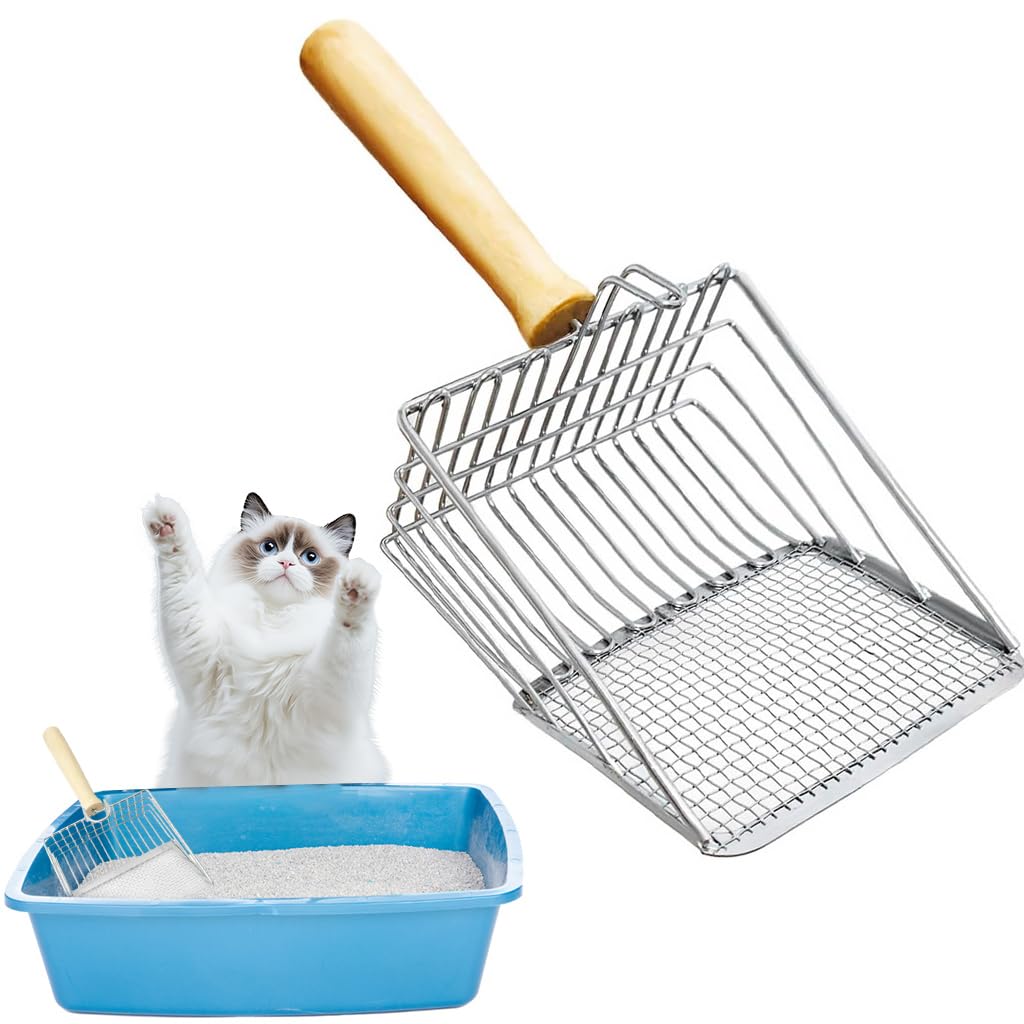 Qpets Cat Litter Scoop for Fast Cleaning with 2 Sifter Holes 3–10mm | Metal and Wooden Handle