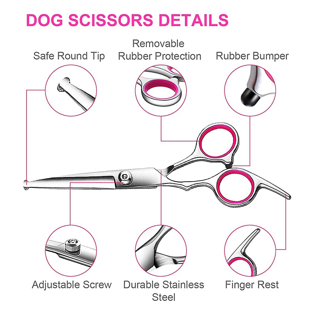 Qpets Dog Grooming Scissors Kit with 6.5 in Shears and Adjustable Screw | Stainless Steel Round Tip Safety Set for Pet Hair Cutting