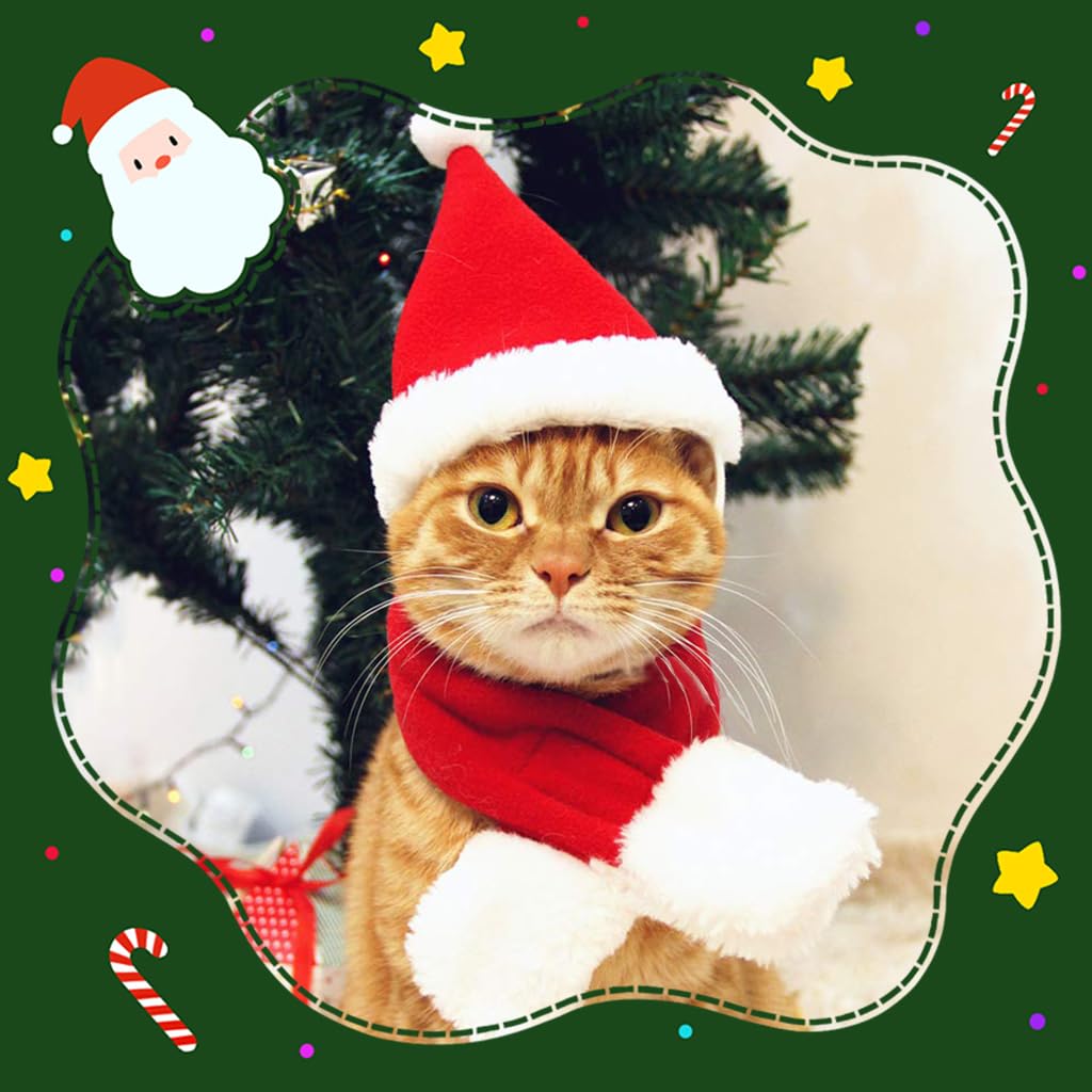 Qpets Christmas Cat Costume Set with Adjustable Drawstring Hat and Scarf for Holiday Photos | Neck 32 cm