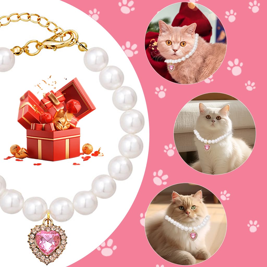 Qpets Jewelry Cat Collar for Photoshoots with Pink Rhinestone Heart Charm & Pearls | Adjustable 20–25 cm