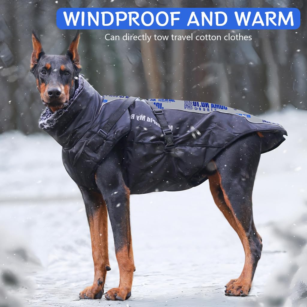 Qpets Dog Coat for Large Dogs with Dual D Ring Leash Attachment and Plush Collar | Waterproof Oxford Warm Jacket 58 cm Neck